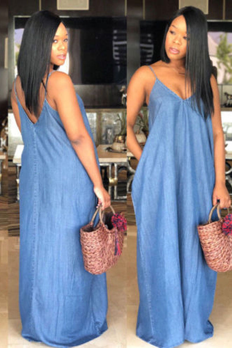 Plus Size Blue Casual Cami Backless Summer Denim Maxi Dresses