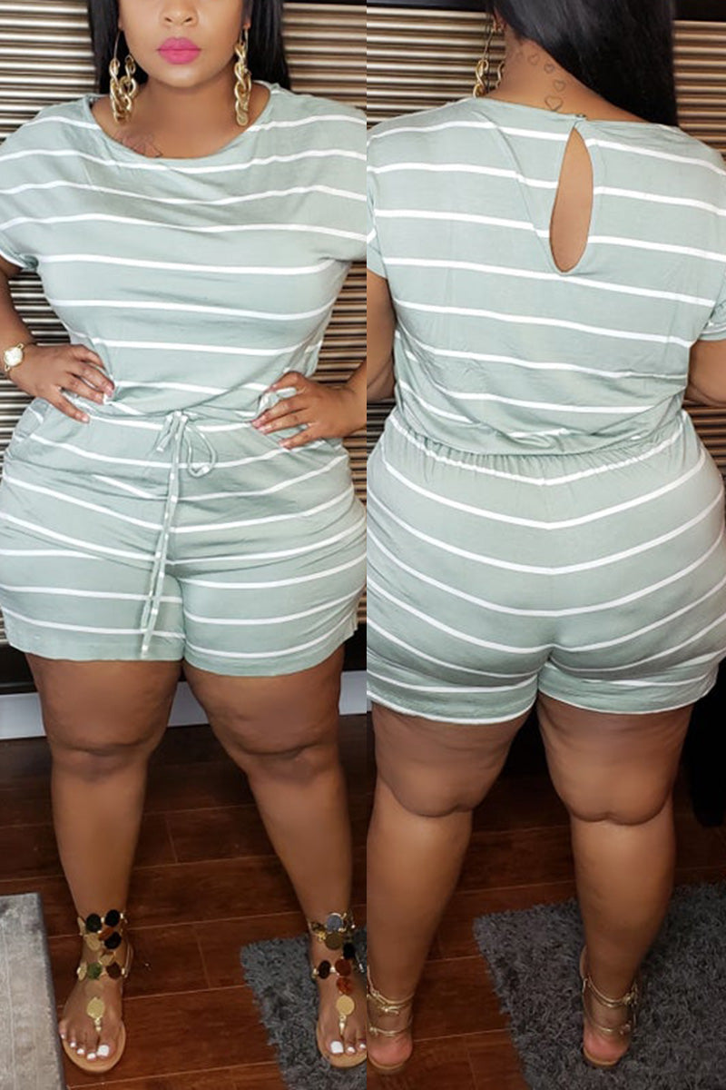 Plus Size Casual Striped Short Sleeve Romper