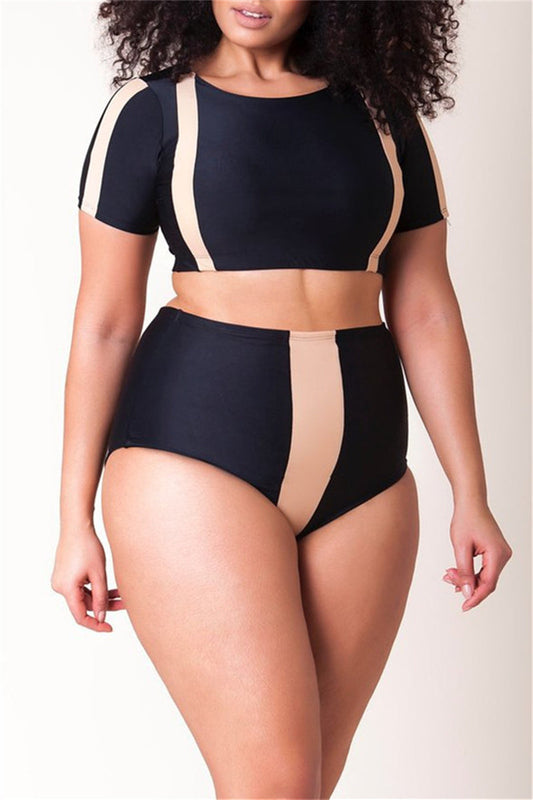 Plus Size Black Backless Two Pieces Swimwear