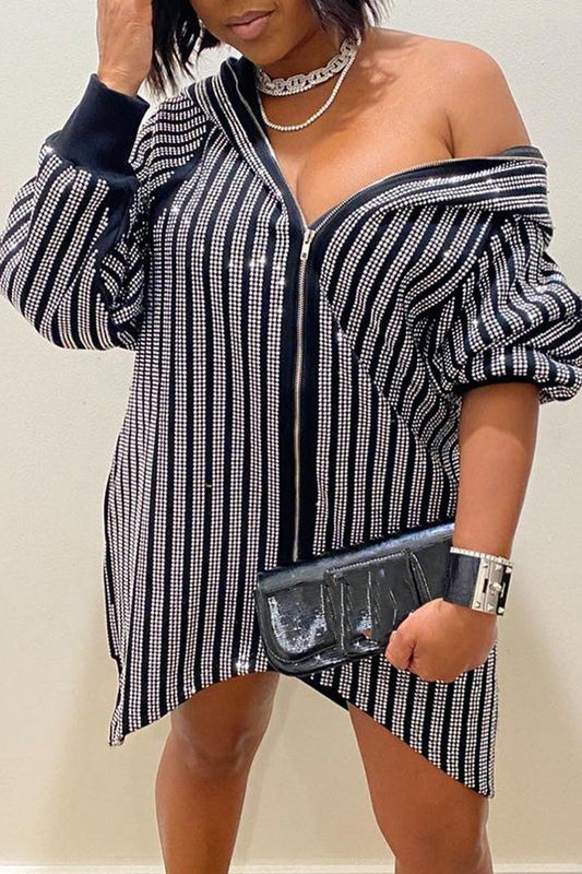 Plus Size Casual Stripe Sequin Zipper Long Sleeve Mini Dress
