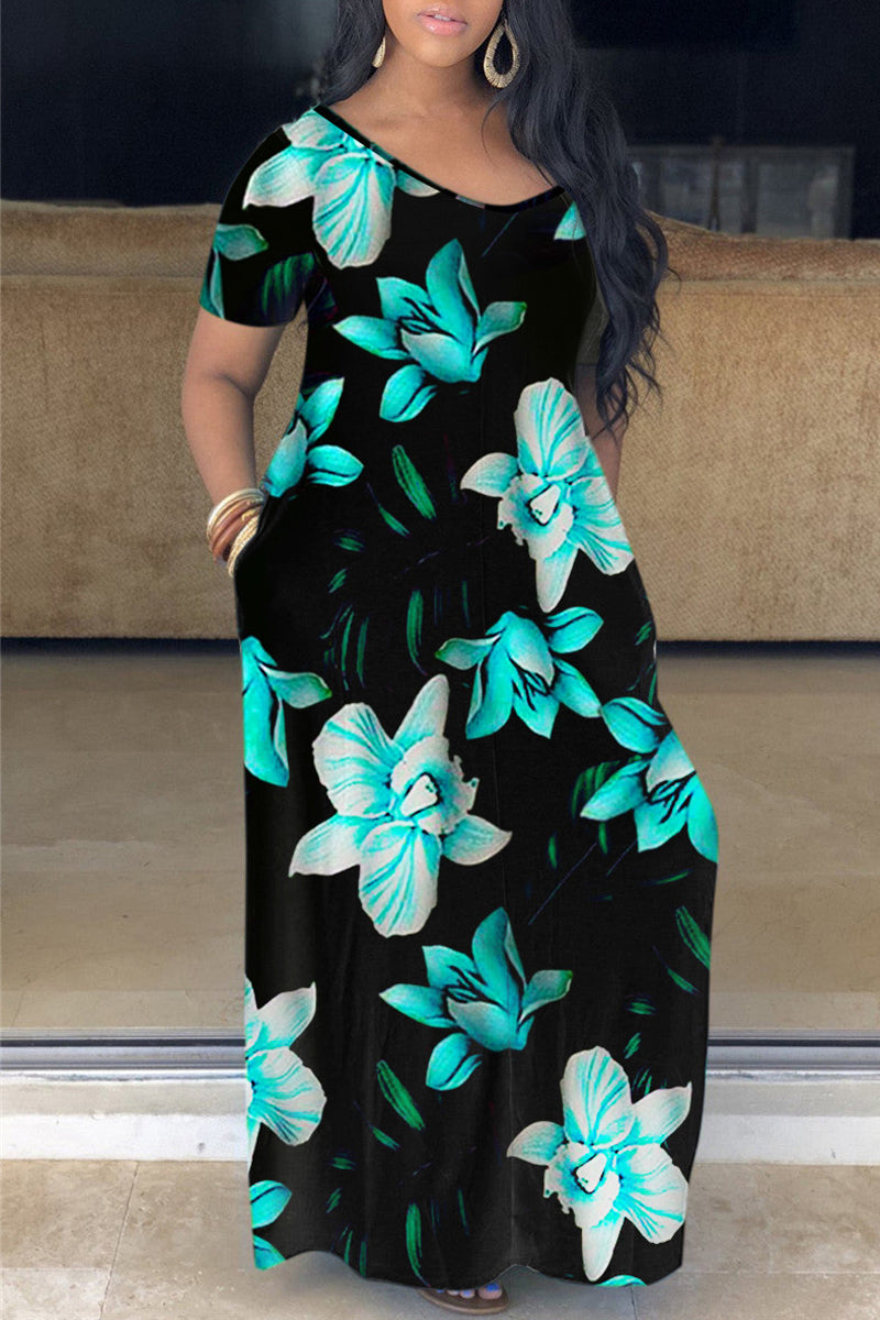 Plus Size Casual V Neck Short Sleeve Floral Print Maxi Dresses