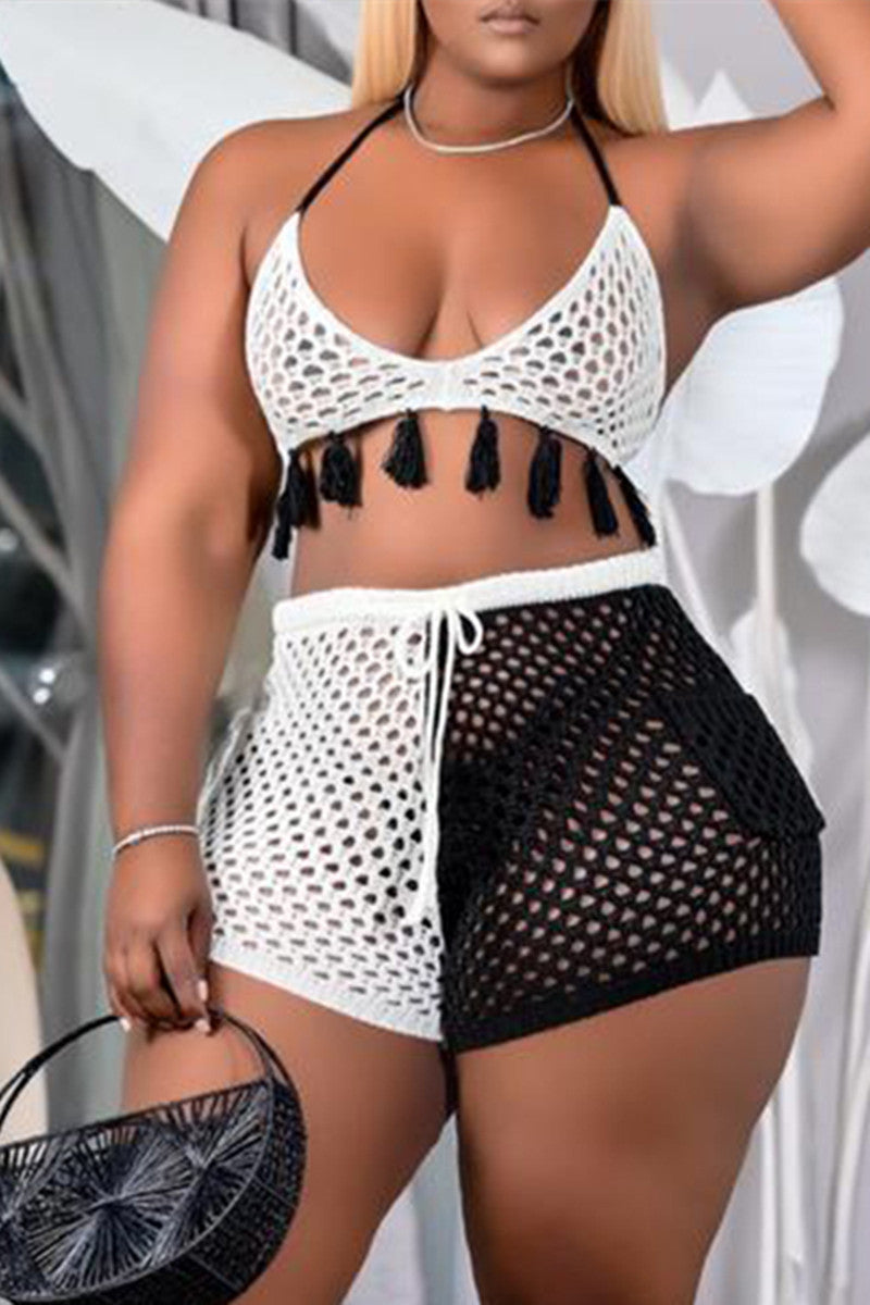 Plus Size Black Hand Made Crochet Hollow-out Two-piece Short Set(Without Underwear)