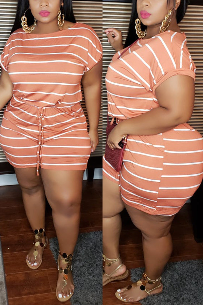 Plus Size Casual Striped Short Sleeve Romper