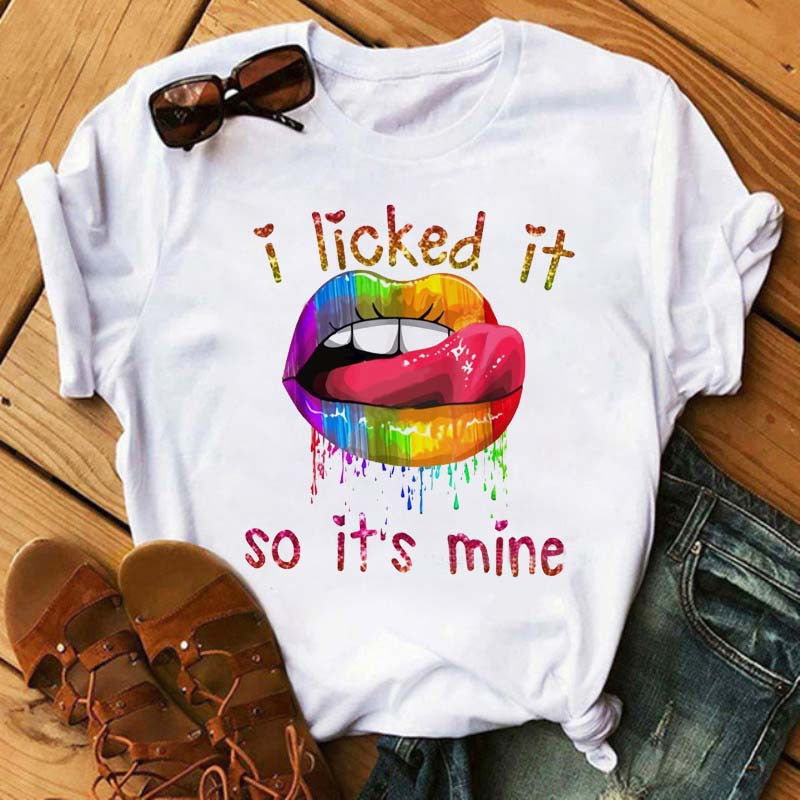 Plus Size Casual Lip Letter Print Round Neck Short Sleeve T Shirt