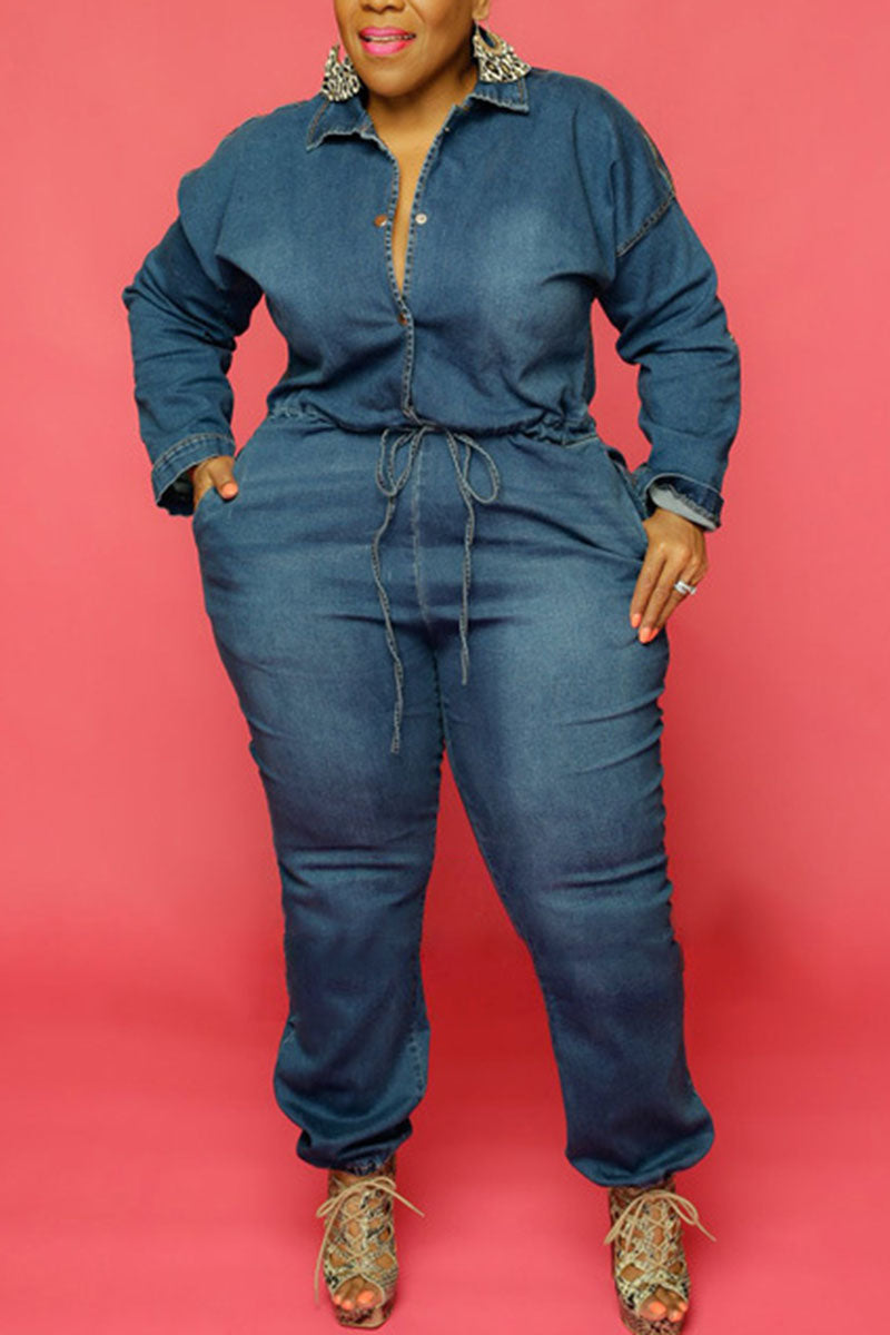 Plus Size Plain Jumpsuit Denim Long Sleeve