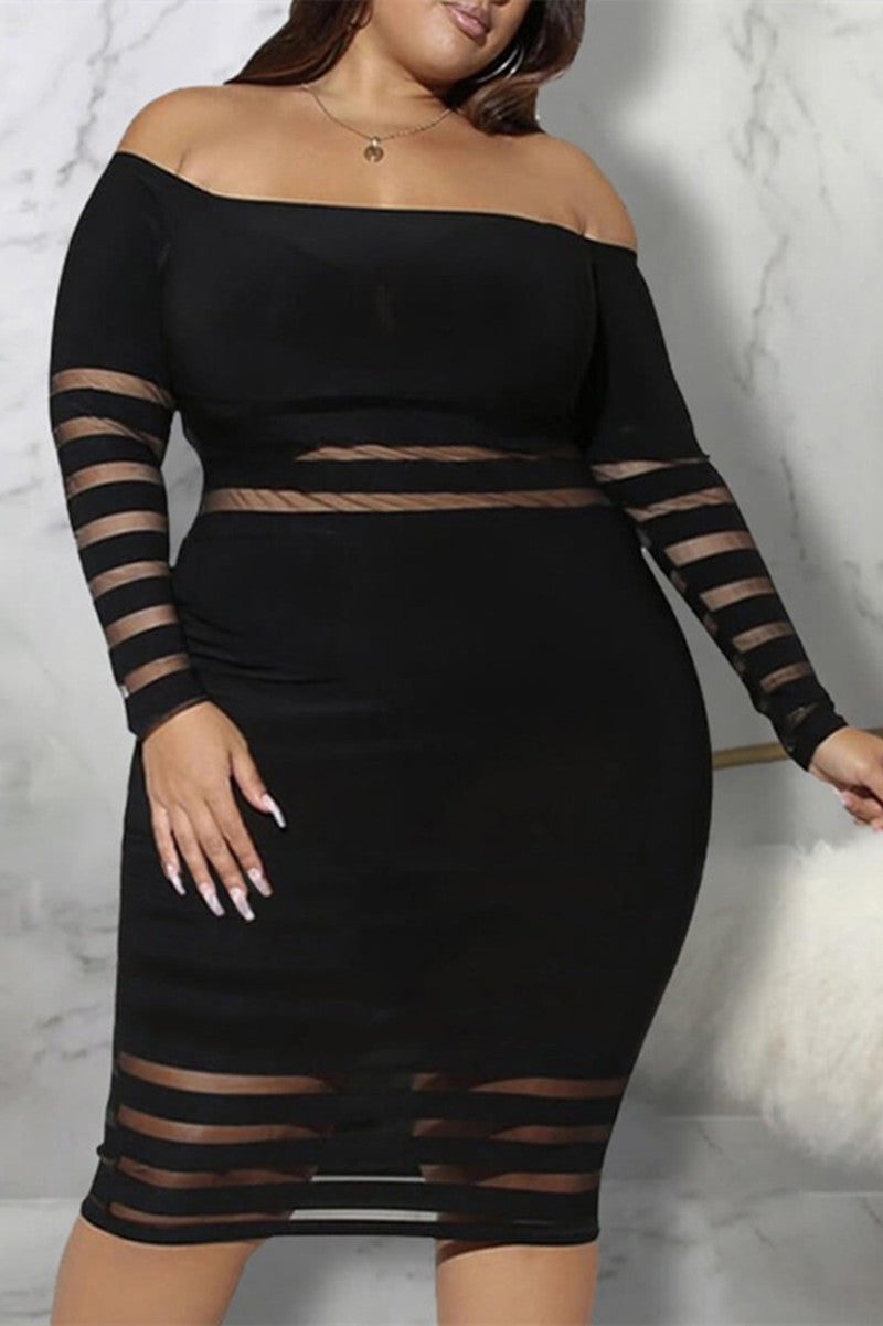 Plus Size Off Shoulder Sheer Mesh Bodycon Dress