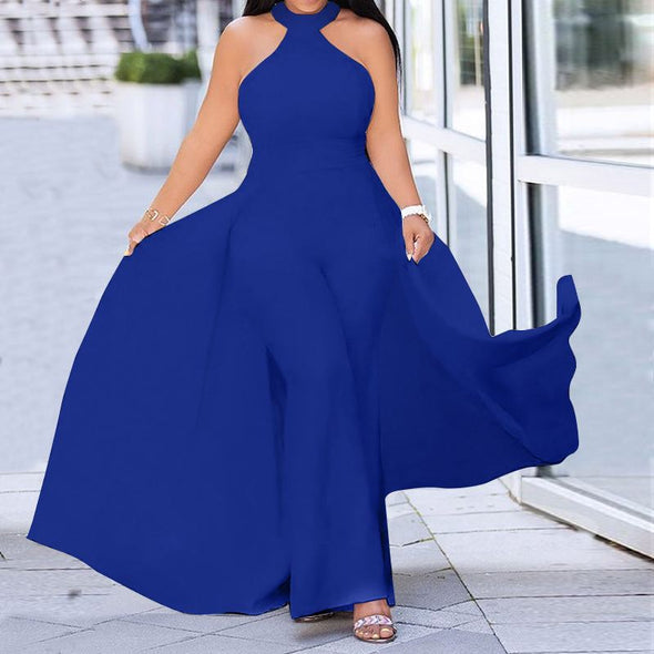 Plus Size Casual Halter Solid Sleeveless Wide Leg Jumpsuit