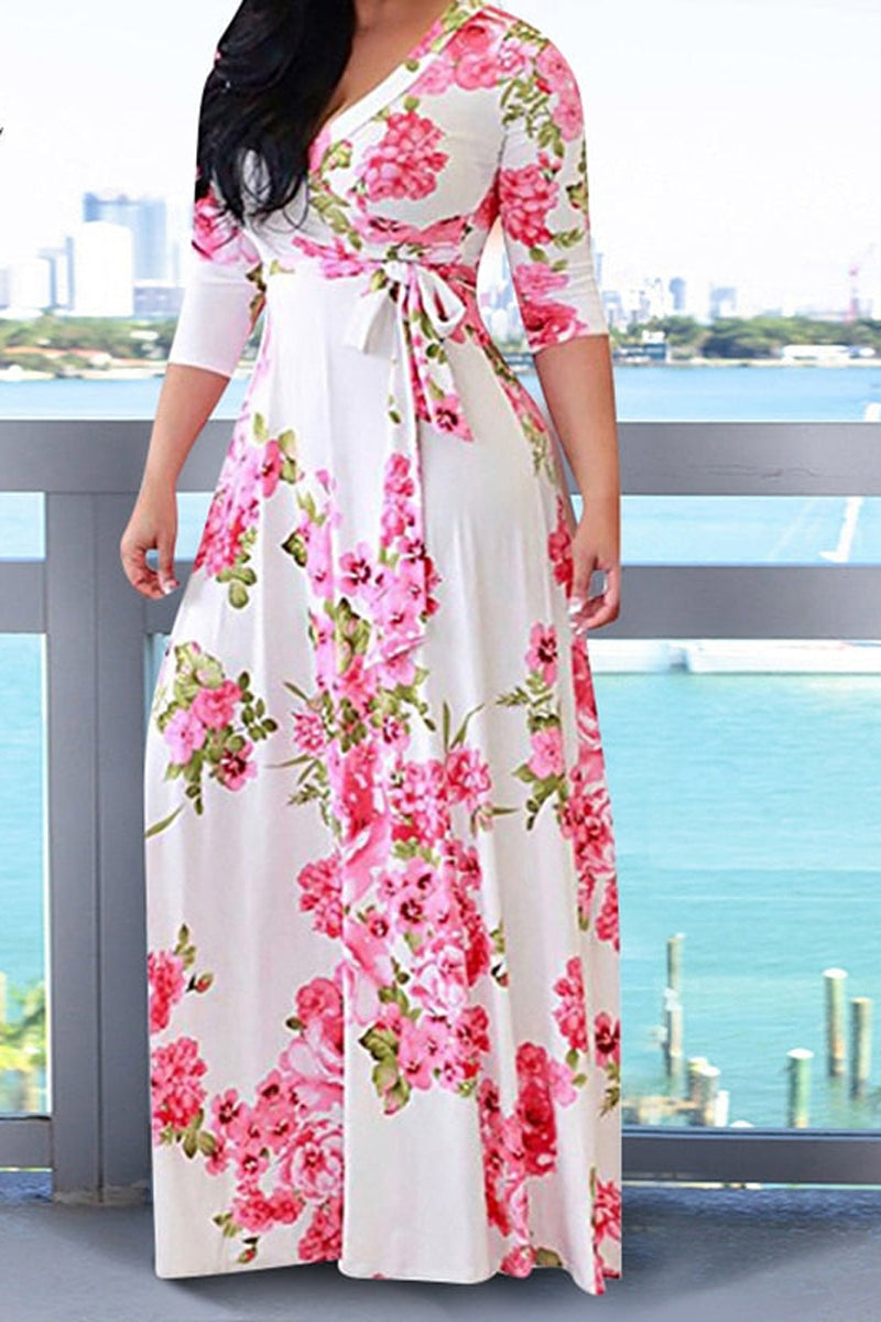 Plus Size Casual Floral Print Long Sleeve Sash Belt Maxi Dress