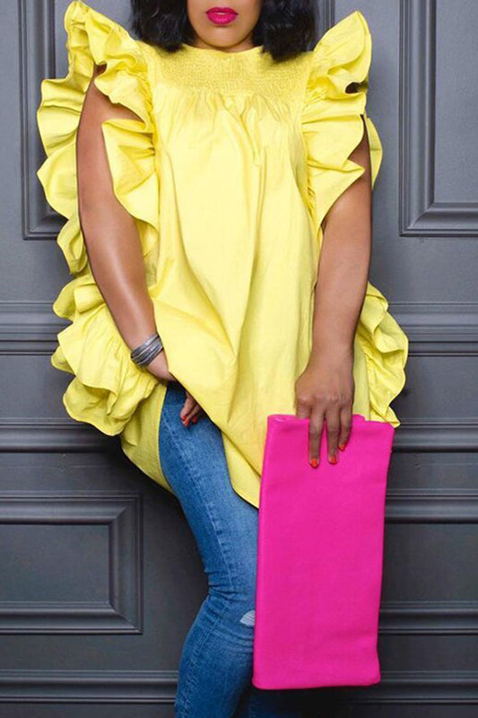 Plus Size Solid Color Round Neck Ruffle Blouse