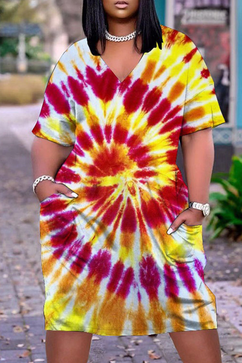 Plus Size Casual V Neck Tie Dye Print Short Sleeve Midi Dress