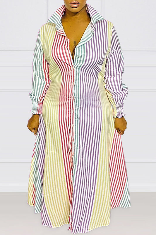 Plus Size All Over Print Maxi Dresses Striped Shirt