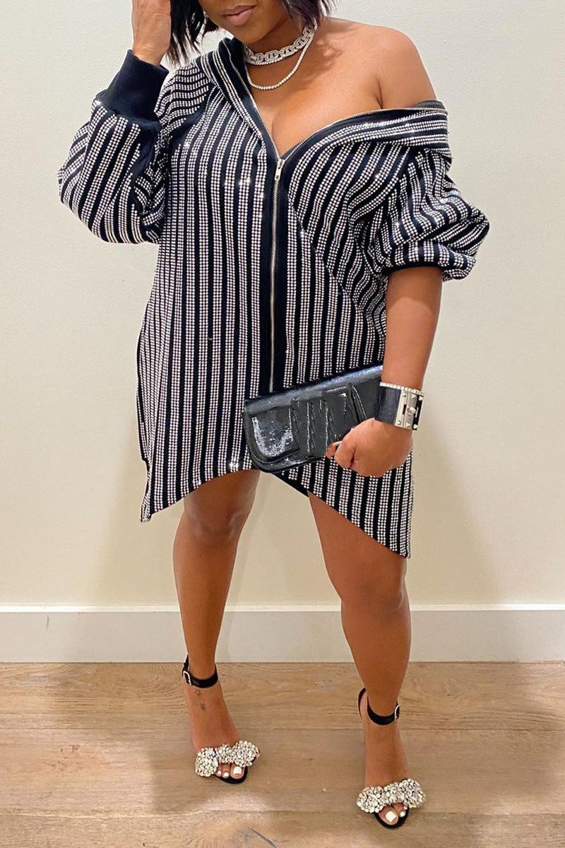 Plus Size Casual Stripe Sequin Zipper Long Sleeve Mini Dress