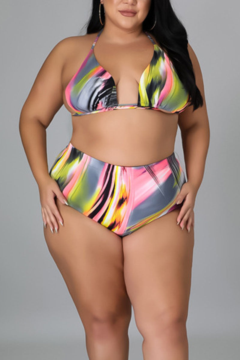 Plus Size Halter All Over Print Swimsuit Pant Three Piece Set