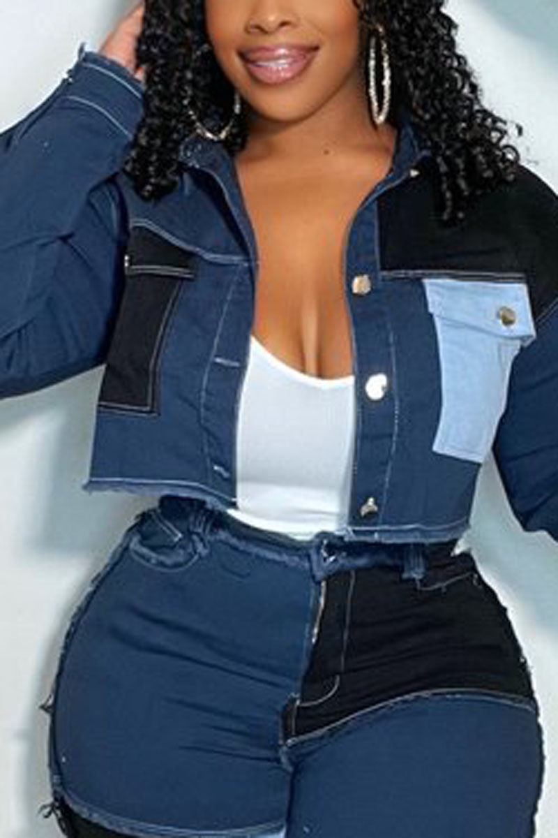 Plus Size Casual Colorblock Turndown Collar Outwear Only