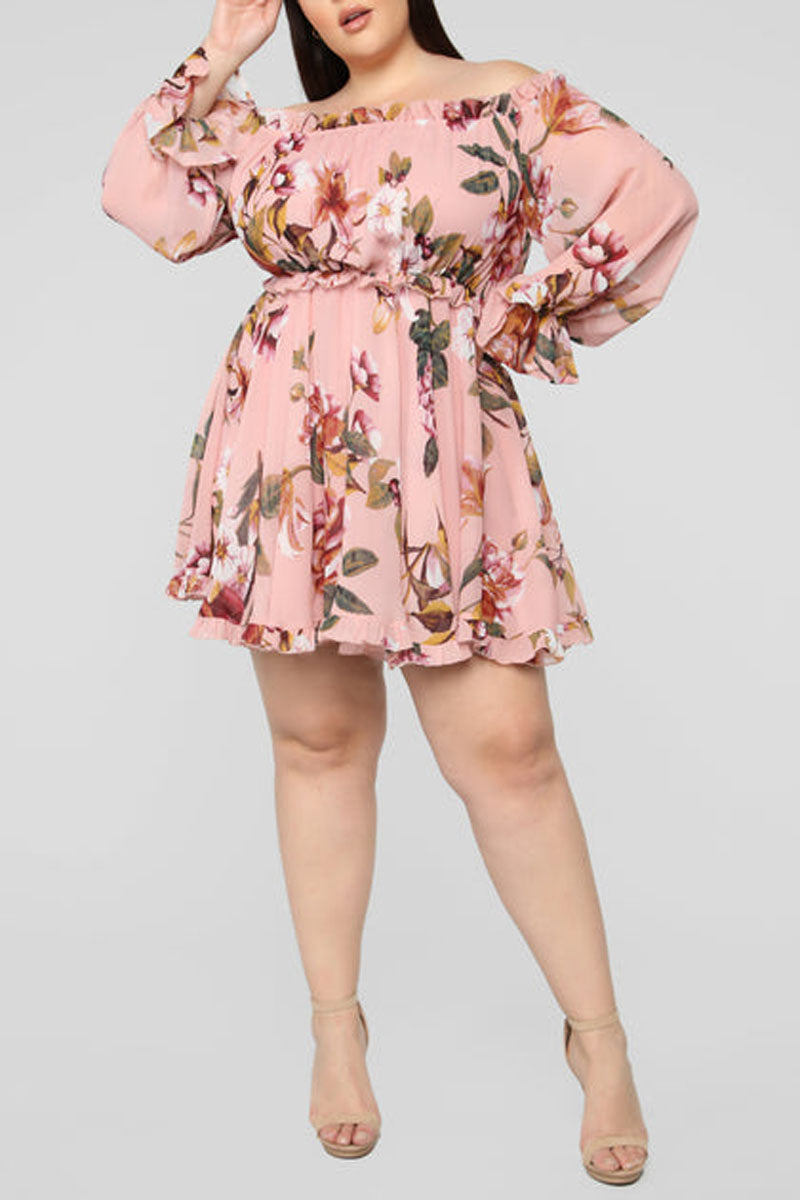 Plus Size Casual Off The Shoulder Floral Print A Line Mini Dresses