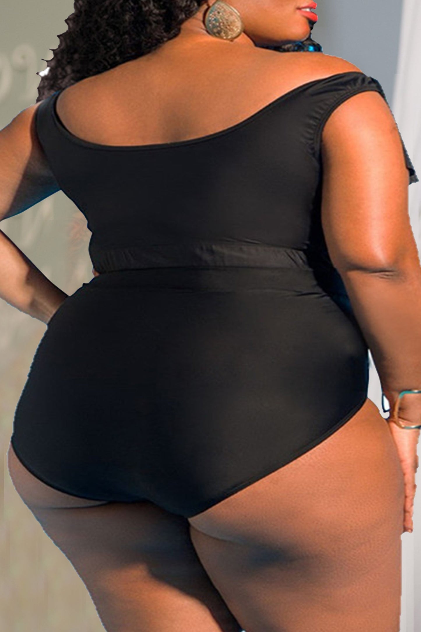 Plus Size Printed Black High Waist Swimsuit