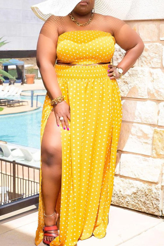 Plus Size Yellow Polka Dot Split Joint Strapless Beach Two Pieces Dress Set