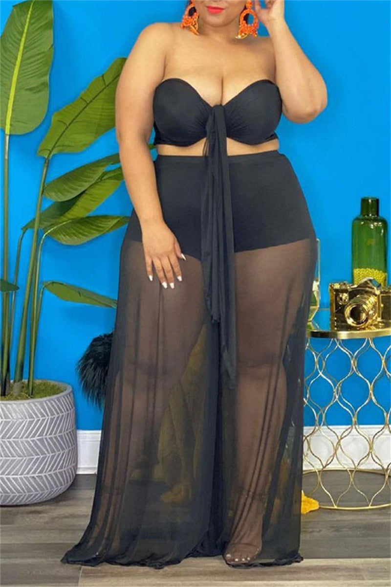 Plus Size Solid See-Through Wide Legs Two-Piece Pants Sets