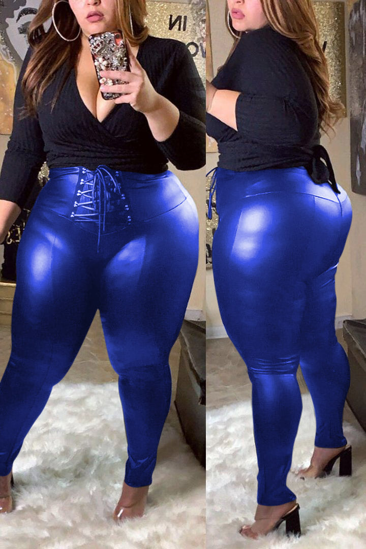 Plus Size PU Leather Bandage Skinny Pants