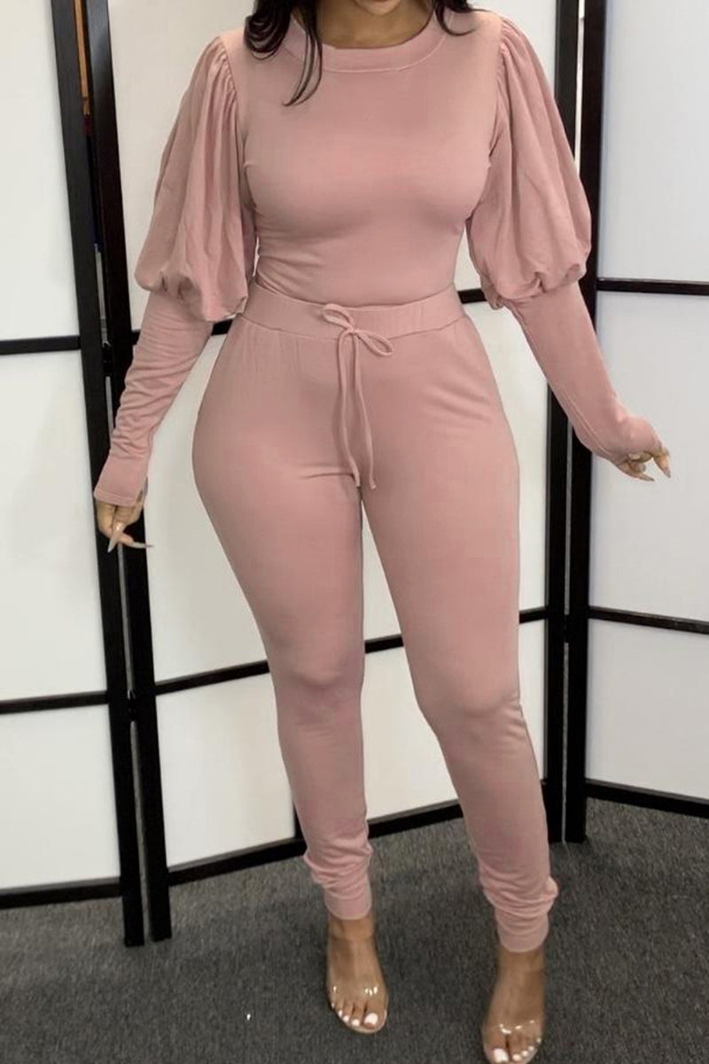 Plus Size Plain Sweatshirt Set Puff Sleeve Two-piece