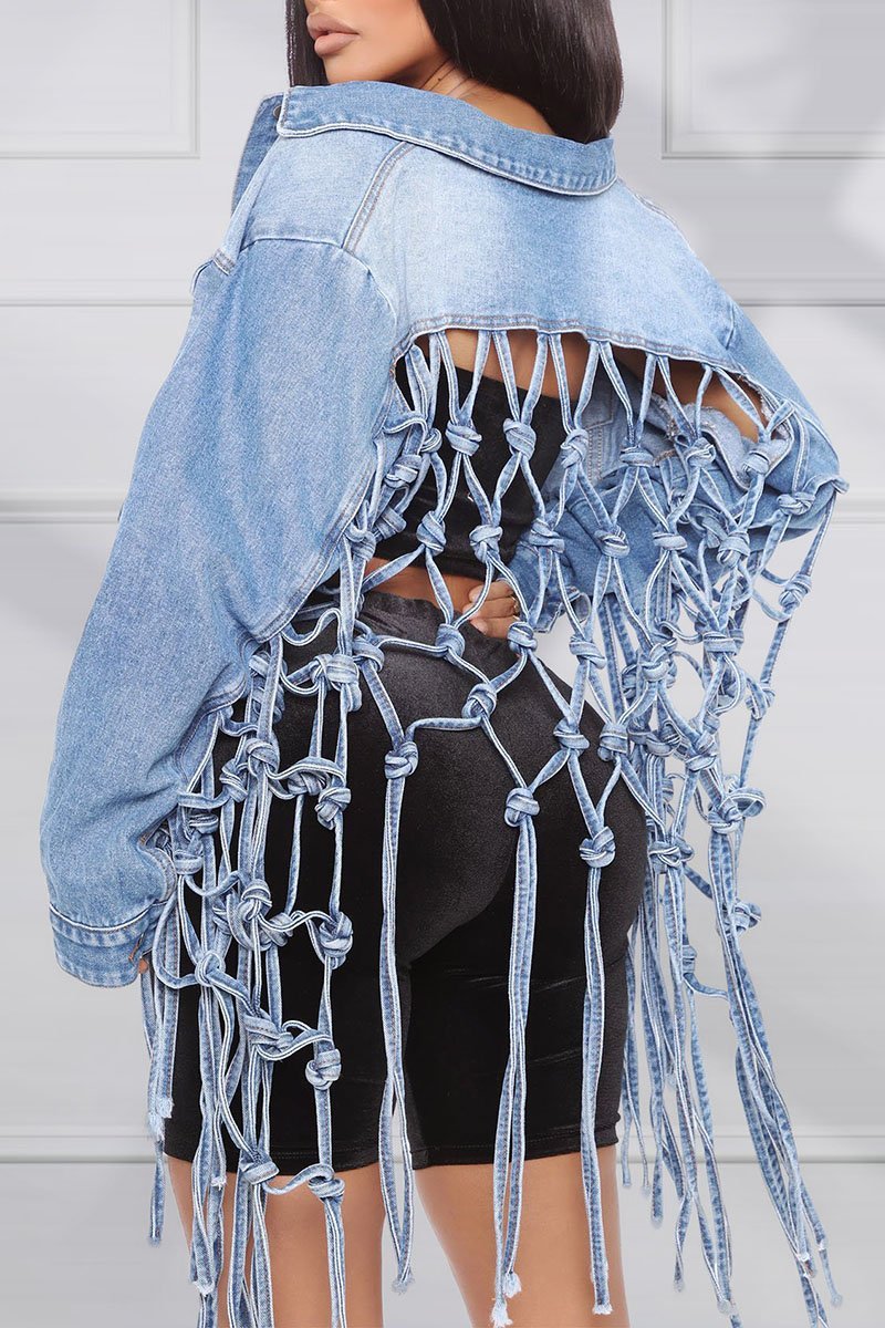 Plus Size Plain Ripped Tassels Denim Jacket