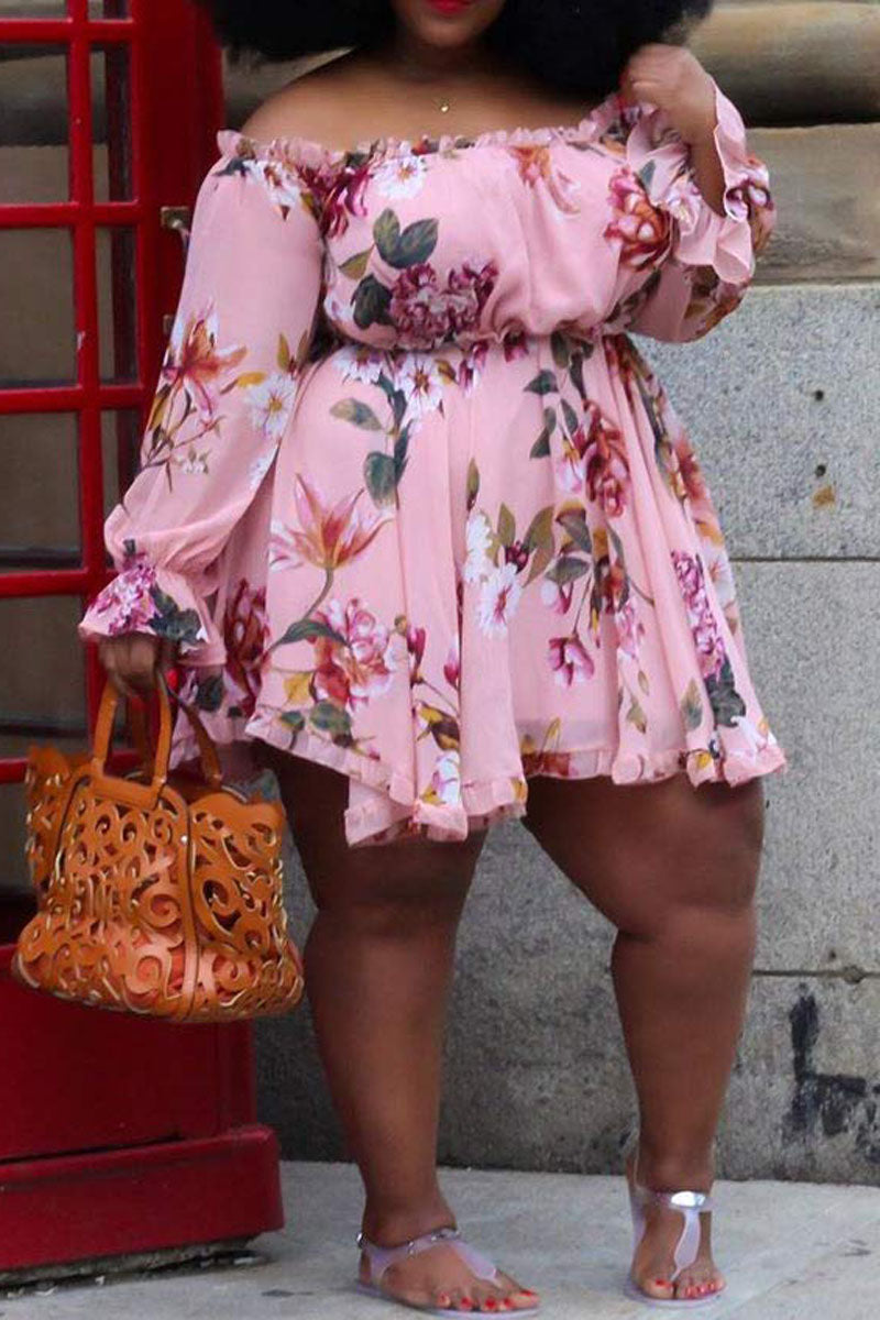 Plus Size Casual Off The Shoulder Floral Print A Line Mini Dresses