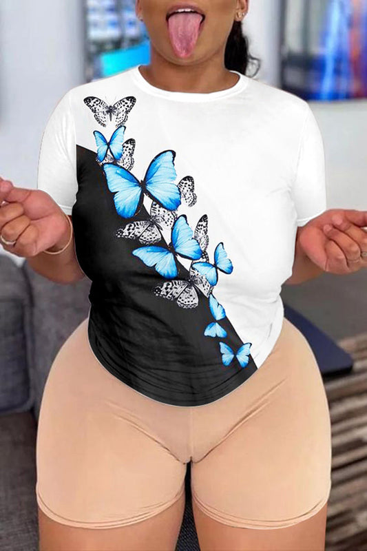 Plus Size Butterfly Print Round Neck Short Sleeve T Shirt
