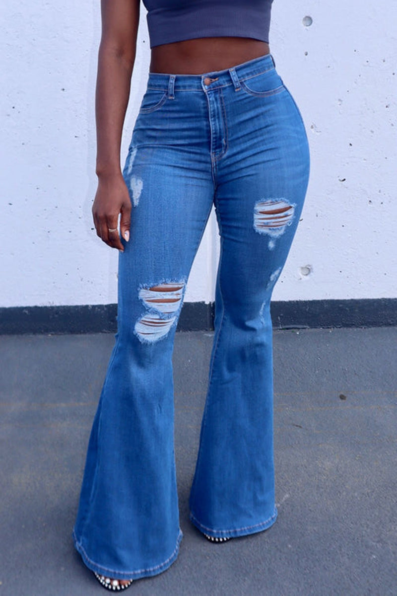 [Pre-Sale] Plus Size Blue Casual Ripped High Waist Mom Jeans