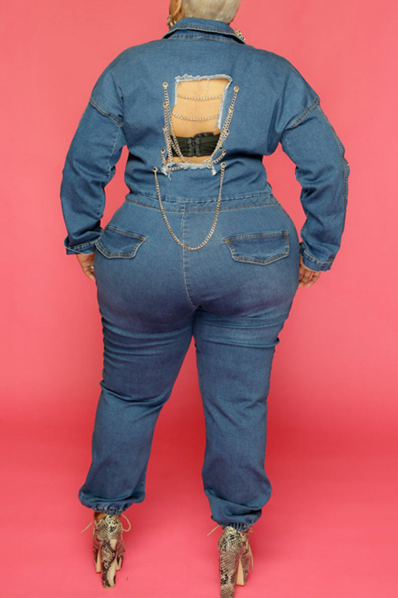 Plus Size Plain Jumpsuit Denim Long Sleeve