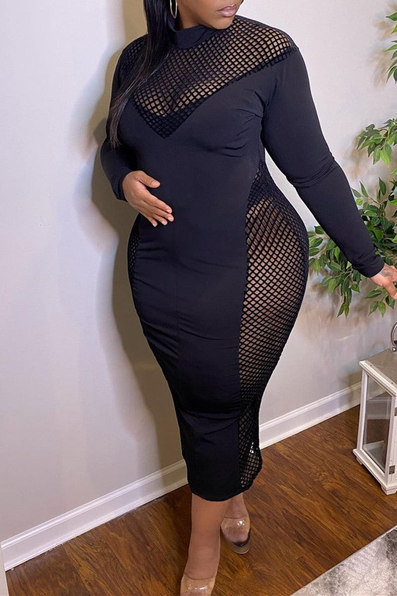 Plus Size Black Patchwork Hollowed Out See-through Midi Dresses