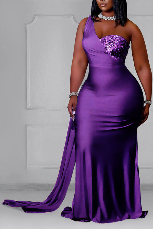 Plus Size Purple Sleeveless Trailing Patchwork Sequin Maxi Dress