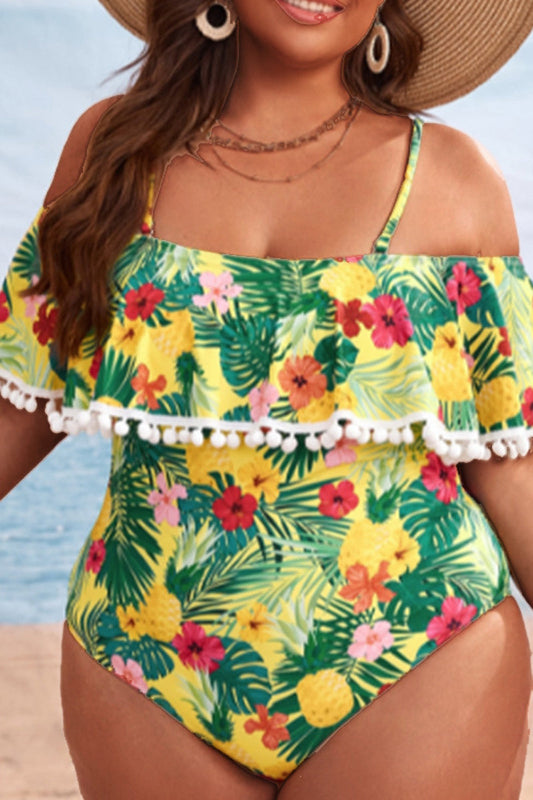 Plus Size Floral Print Cold Shoulder One Piece Swimsuit