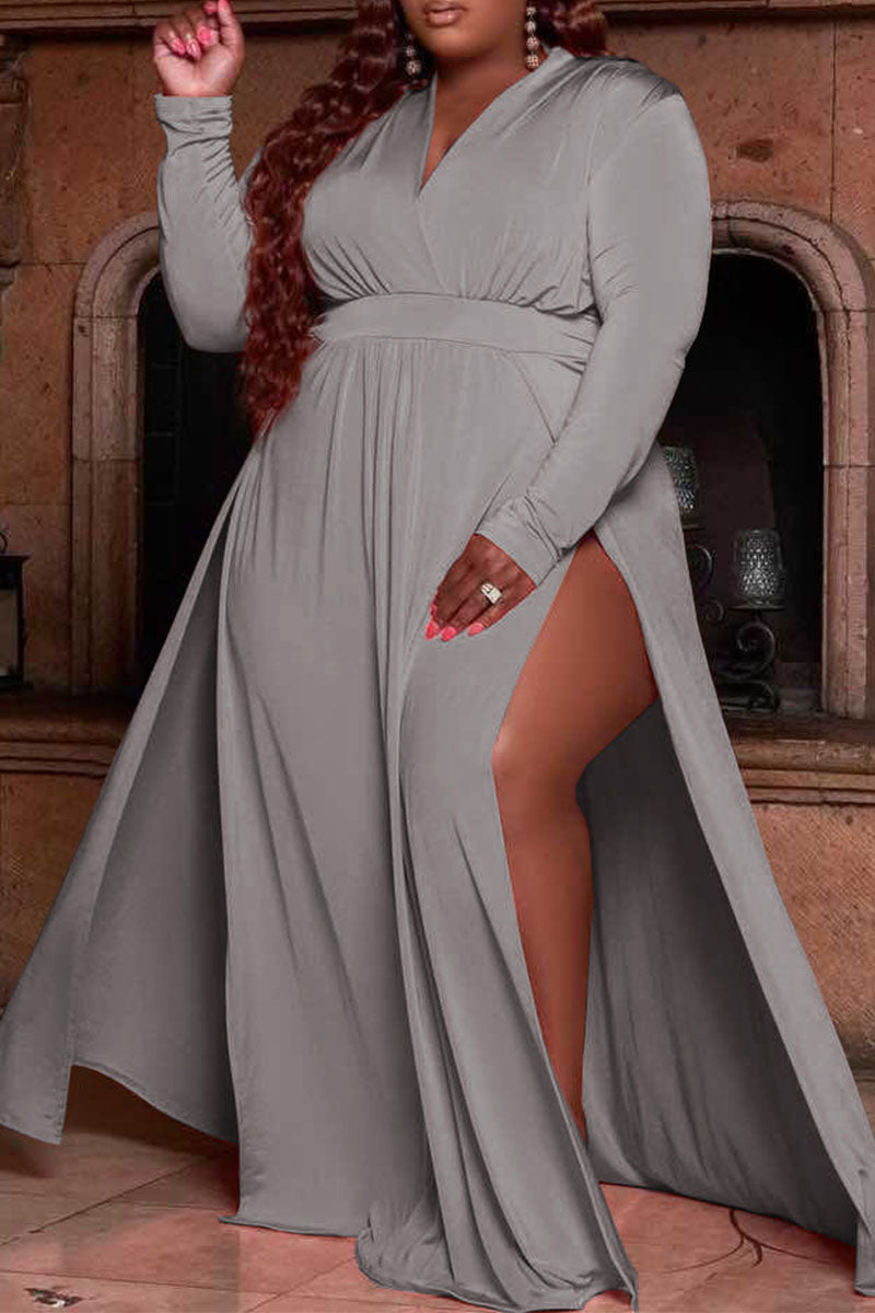 Plus Size Casual Solid Split Joint V Neck Straight Maxi Dresses