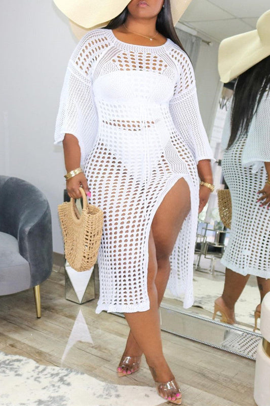 Plus Size Hollow-out White Cover Up Midi Dress