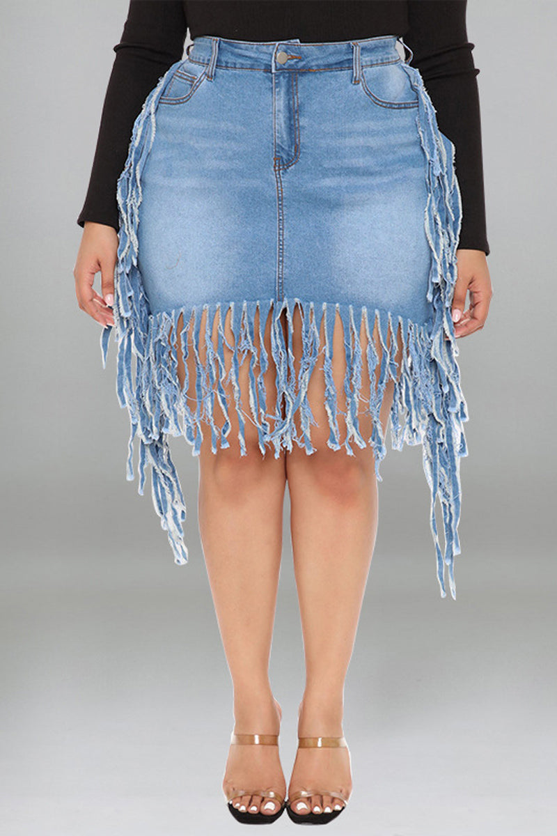 Plus Size Blue High Waist Fringe Denim Skirt