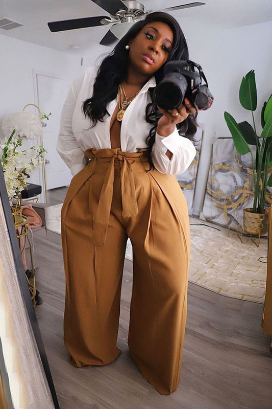 Plus Size Street Solid High Waist Loose Wide Leg Pants