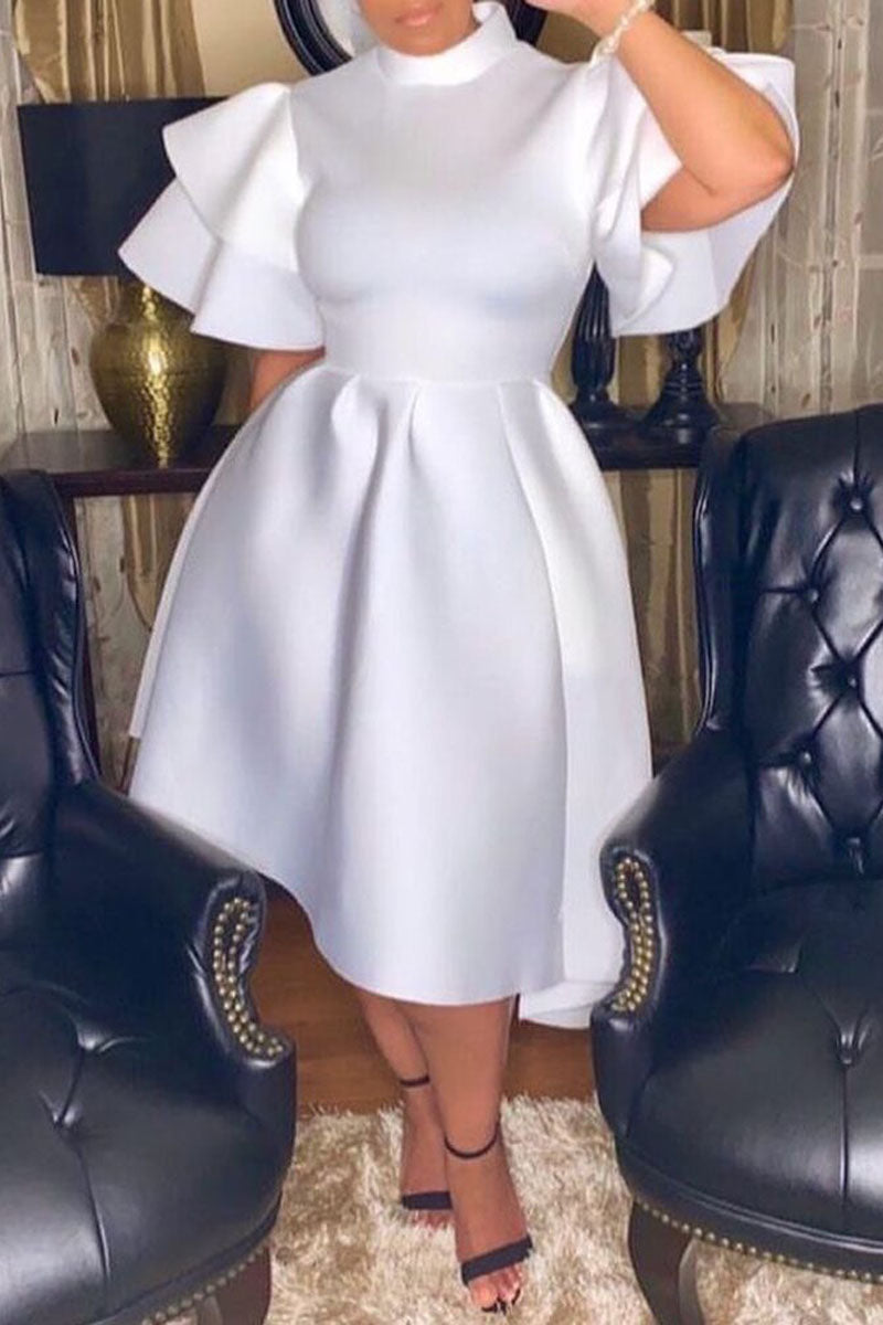 Plus Size Casual Solid Ruffle Sleeves Midi Dress