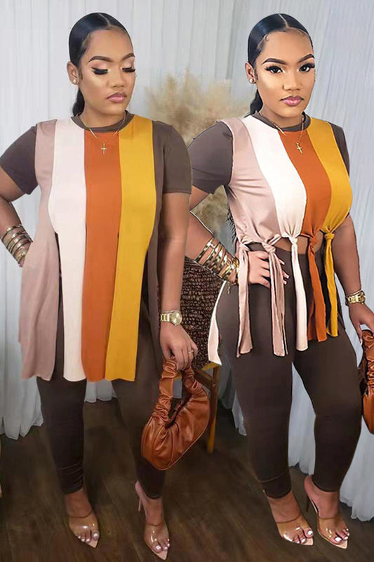 Plus Size O Neck Colorblock Fringe Two Piece Set