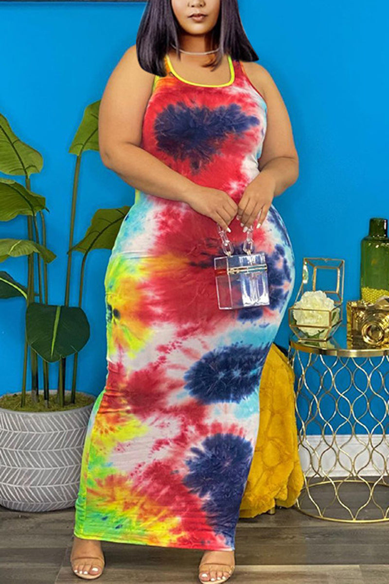 Plus Size Casual Tie Dye Print Sleeveless Maxi Dresses