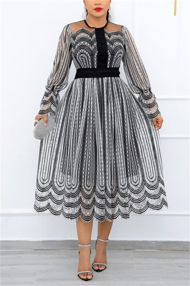 Plus Size Black and Silver Lace Patchwork Midi Dress