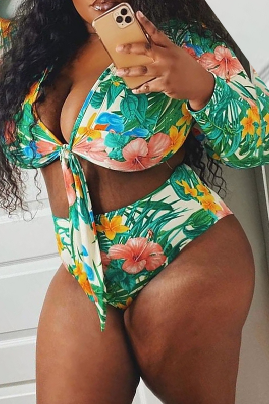 Plus Size Tropical Print Long Sleeves Swimsuit 2 Piece Sets