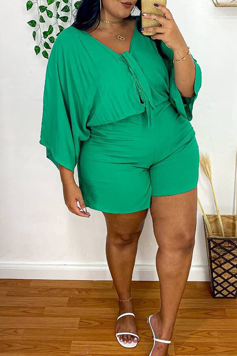 Plus Size  Casual Solid Basic V Neck Green Two Pieces