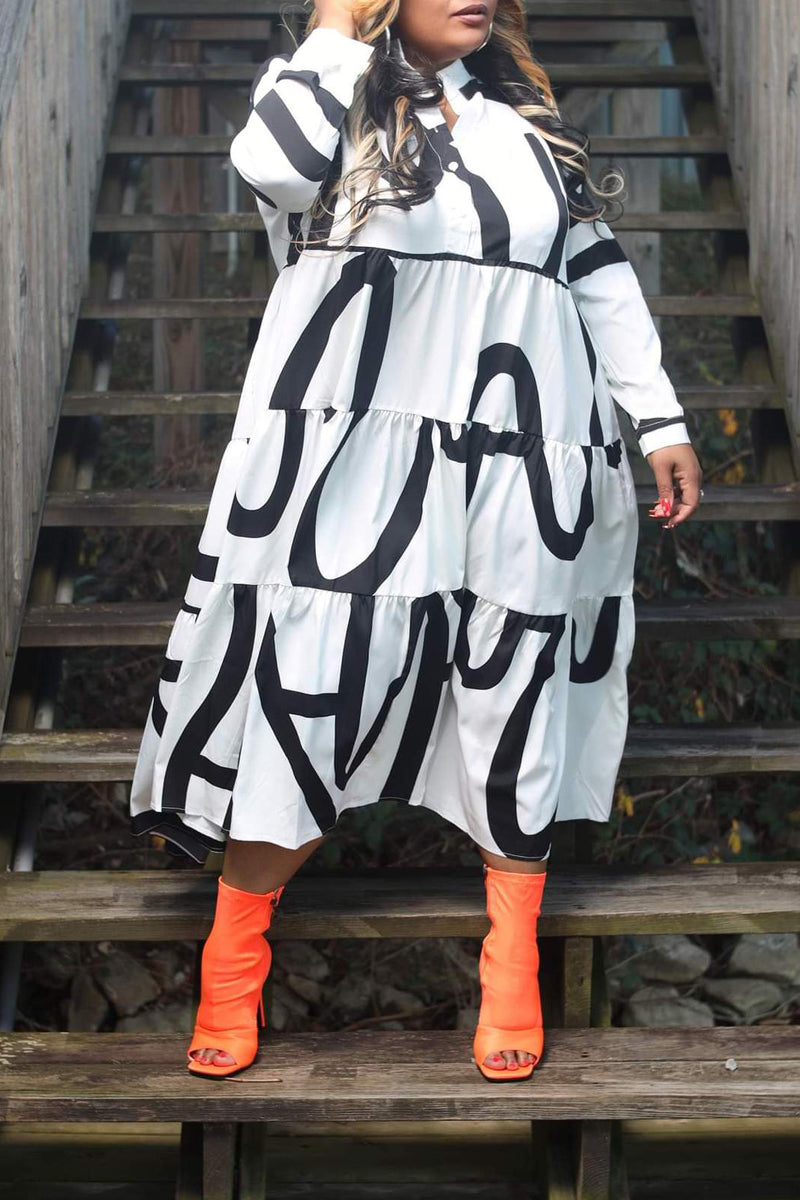 Plus Size Casual Printed Stitching V Neck Long Sleeve Midi Dresses