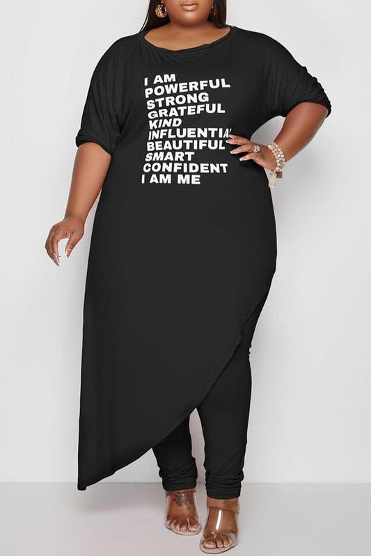 Plus Size Letter Print O Neck Asymmetrical Top Pants Two Pieces Set