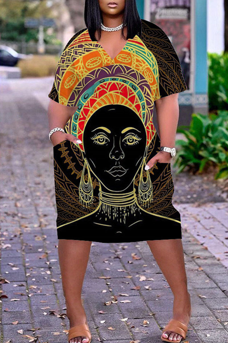 Plus Size Casual Graphic Print V Neck Short Sleeve Midi Dress