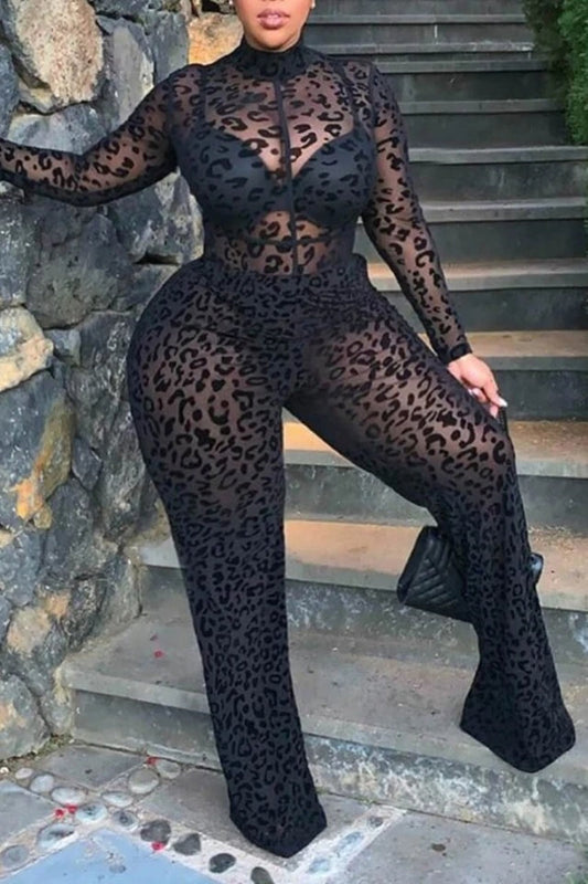 Plus Size Long Sleeves Leopard Print Jumpsuits