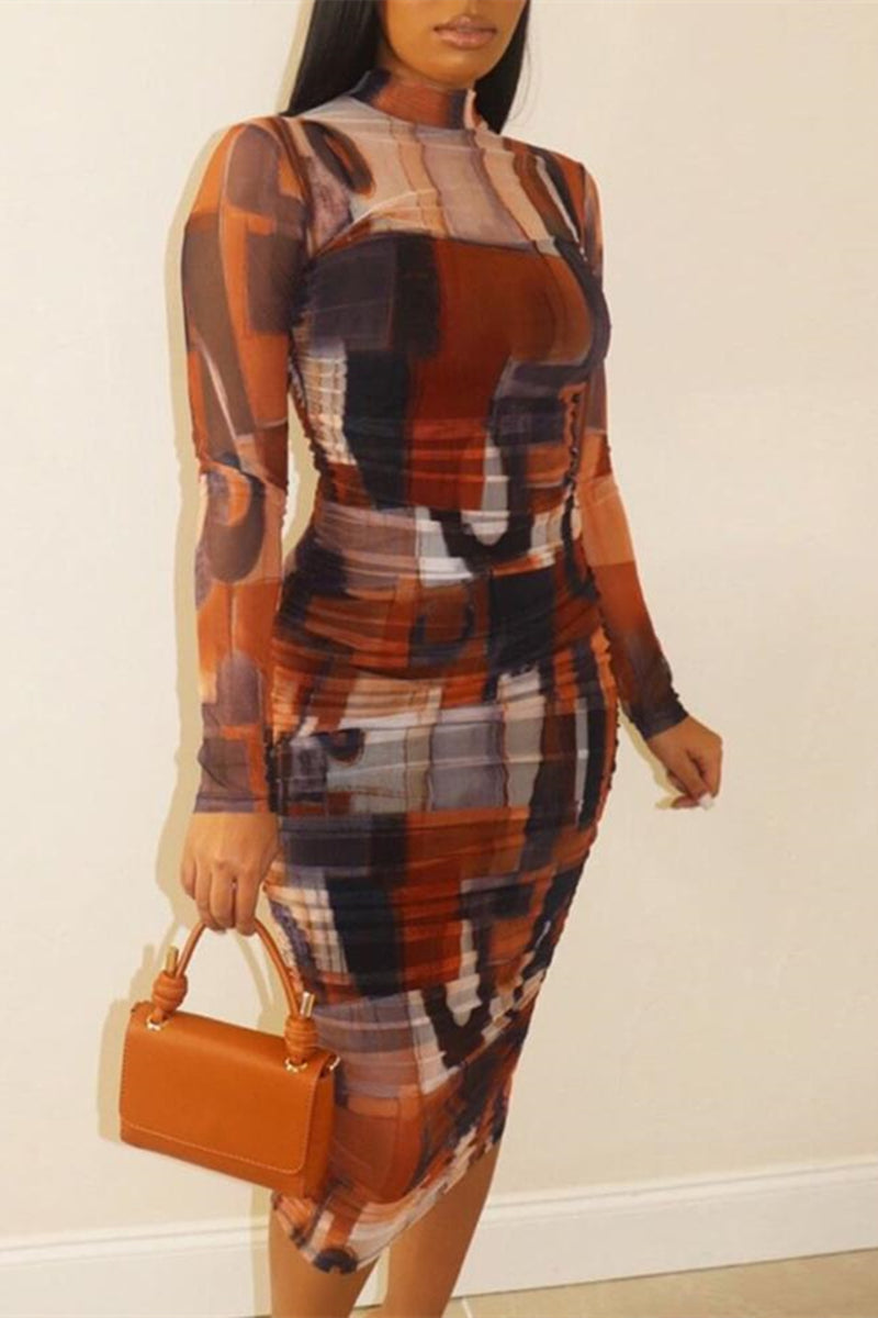 Plus Size Long-sleeved Personality Printing Midi Dress