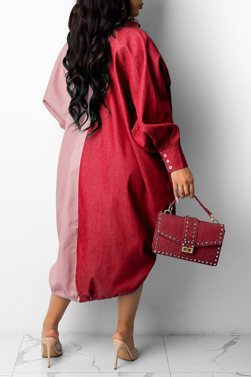 Plus Size Casual Color Block Silhouette Long Sleeves Shirt Mini Dress