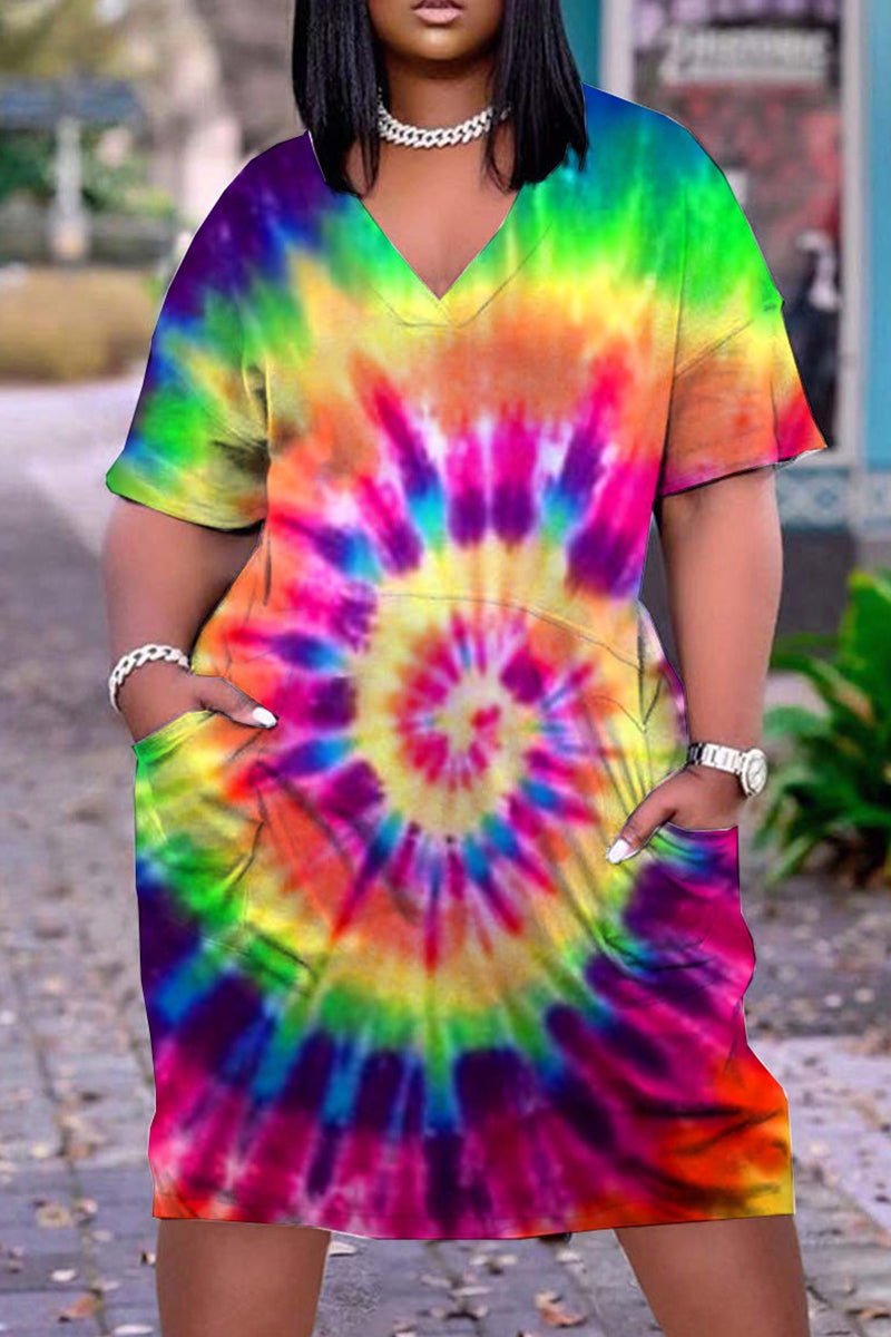 Plus Size Casual V Neck Tie Dye Print Short Sleeve Midi Dress