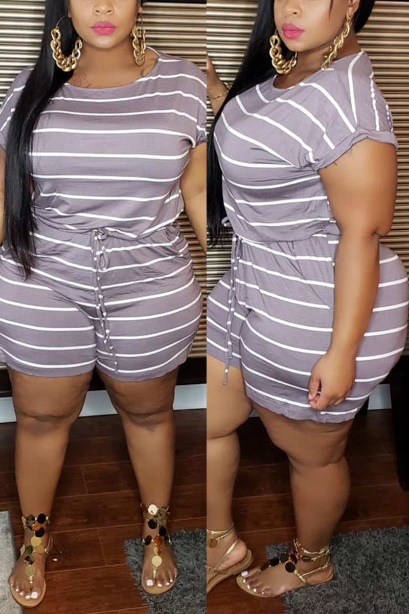 Plus Size Casual Striped Short Sleeve Romper